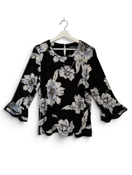 Karl Lagerfeld Tops - Karl Lagerfeld Black Floral Bell-Sleeve Top with White and Blue Blooms